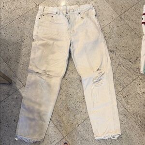 Light Cream Distressed Straight-Leg Jeans